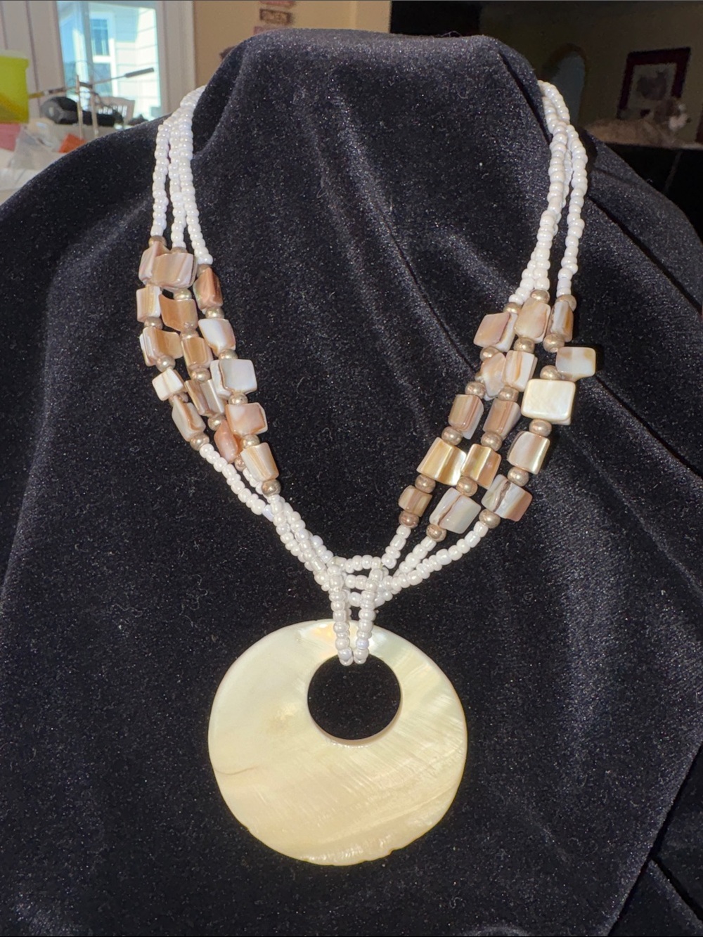 Multi-Strand Pearl & Shell Pendant Necklace in Ivory and Beige